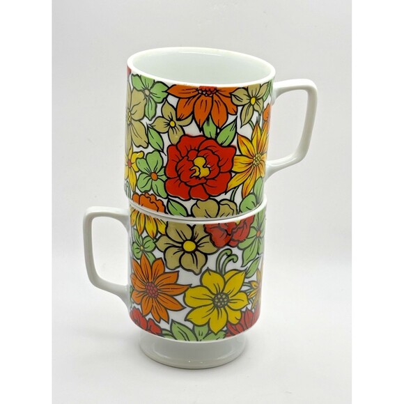 Vintage 1970s Set of 2 Royal Sealy Flower Power Coffee Tea Cups Mugs Used - Picture 2 of 16